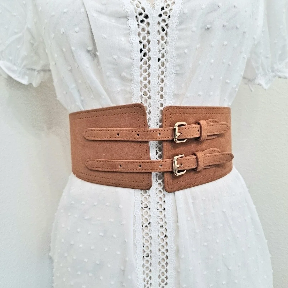 Western Wide faux suede leather waist belt double buckle Boho Brown corset - Picture 3 of 11
